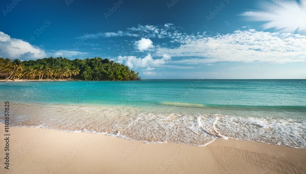 Beautiful tropical beach with palm trees, sunset beach seascape, design template for travel banner. Beautiful tropical beach with palm trees, sunset beach seascape, design template for travel banner.