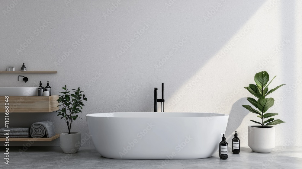 Modern white bathroom with potted plants and sunlight Modern white bathroom with potted plants and sunlight
