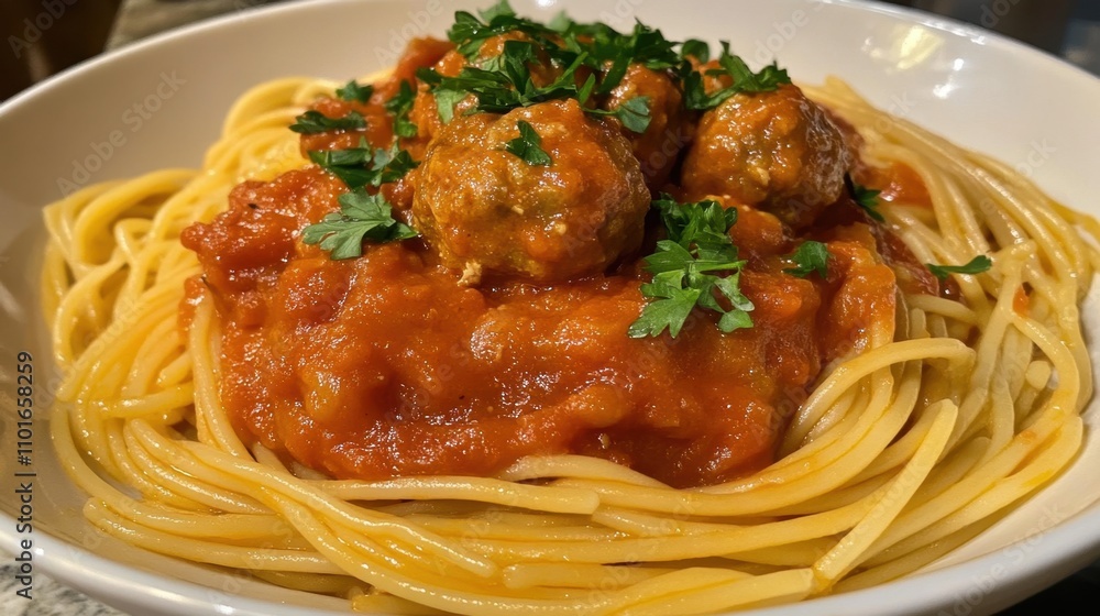 Close-up of spaghetti with meatballs and rich marinara sauce garnished with parsley. Close-up of spaghetti with meatballs and rich marinara sauce garnished with parsley.