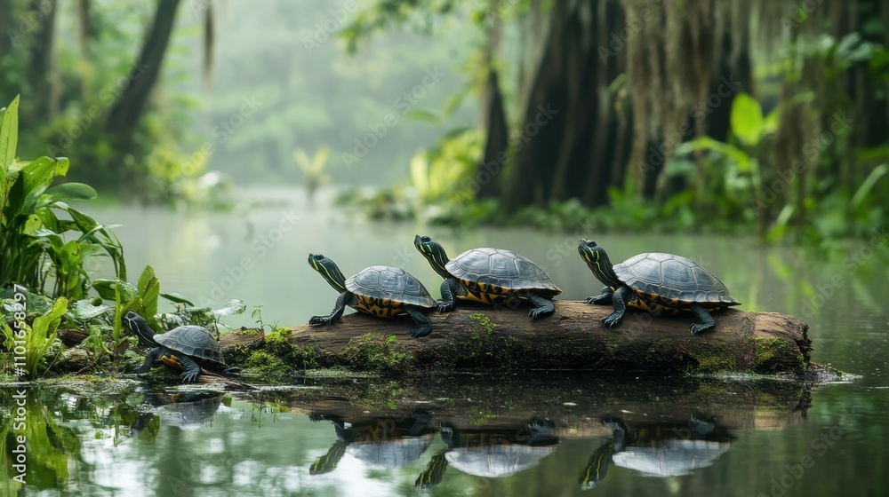 Obraz premium Close-up of turtles on a log in a misty wetland, surrounded by lush vegetation and still water.