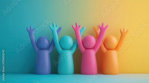 Colorful figures with raised arms symbolize joy and celebration against a vibrant gradient background.