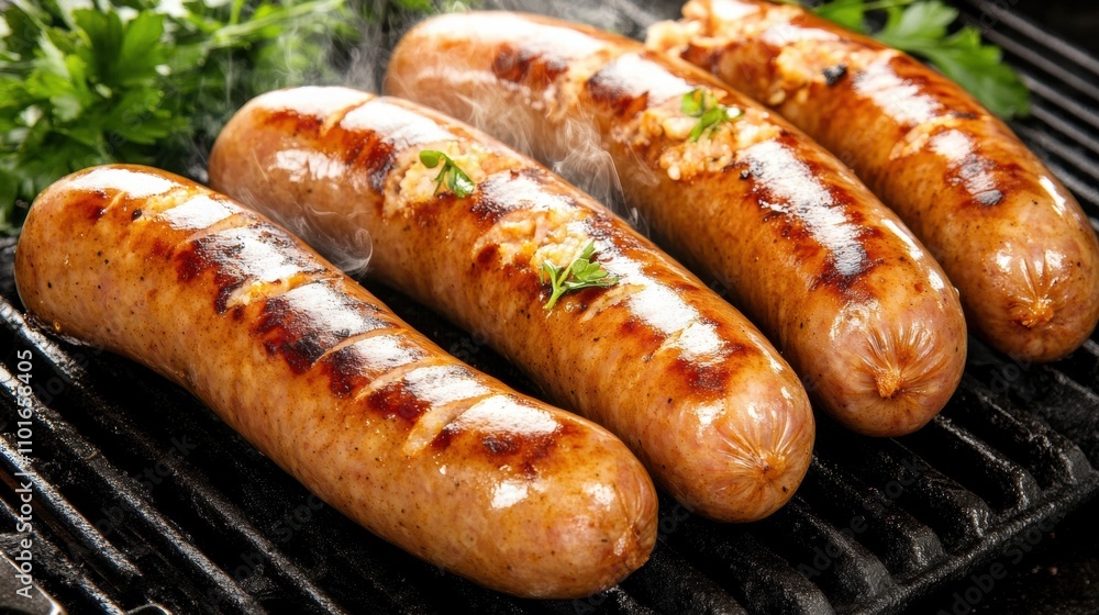 Grilled sausages sizzling on a barbecue with fresh parsley garnish, AI Grilled sausages sizzling on a barbecue with fresh parsley garnish, AI