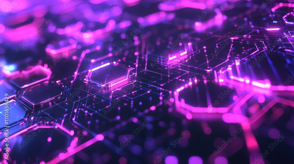 Obraz premium Abstract digital circuit design with vibrant purple and blue lighting effects.