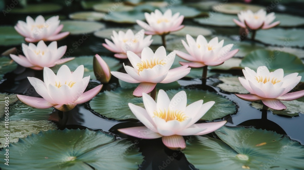 Close-up view of pink and white water lilies floating serenely on a calm pond in a lush wetland. Close-up view of pink and white water lilies floating serenely on a calm pond in a lush wetland.