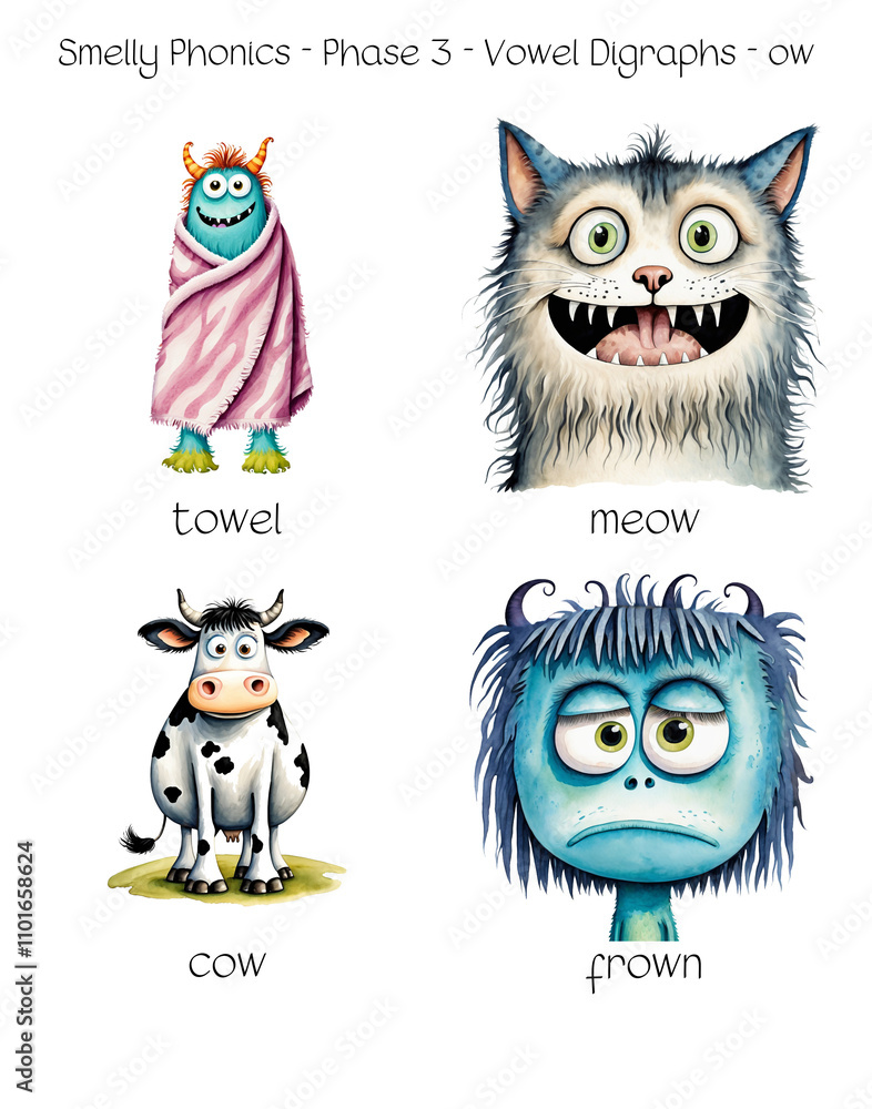 Obraz premium Smelly Phonics - Phase 3 - Vowel Digraphs - ow - towel, meow, cow, frown