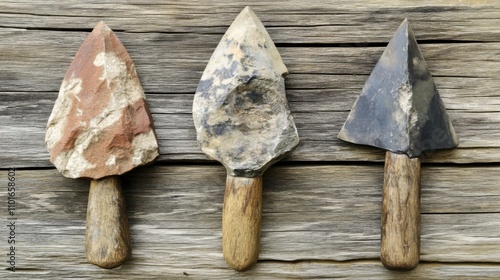 Close-up of ancient stone tools, sharp flint knives, and polished axes on a weathered wooden surface, symbolizing prehistoric craftsmanship and the dawn of human ingenuity photo