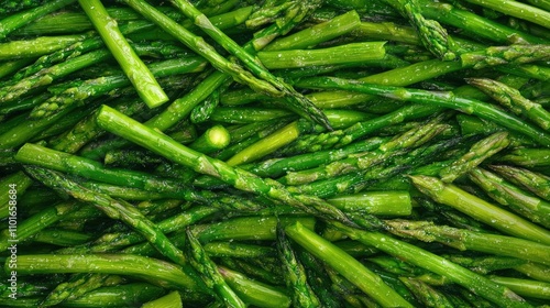 Close-up shot of fresh raw green asparagus displaying vivid color and crisp texture, highlighting individual spears arranged densely.
