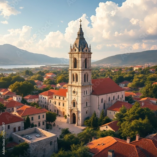 Aerial view of Jelsa Church bell tower, a Croatian summer gem. photo