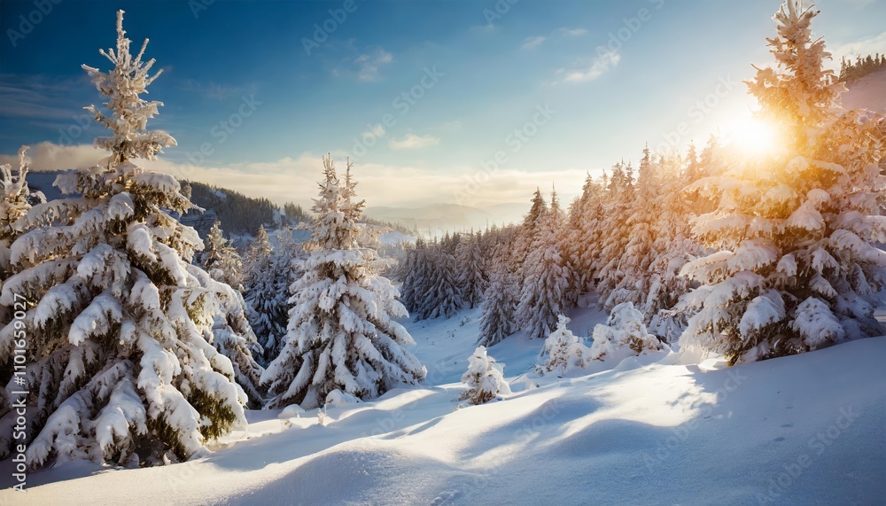 Serene Snow-Covered Winter Landscape with Pristine White Fields, Frosted Trees, and Distant Mountain Peaks Under a Soft Blue Sky, Capturing Natures Tranquil Beauty in an Idyllic Cold Serene Snow-Covered Winter Landscape with Pristine White Fields, Frosted Trees, and Distant Mountain Peaks Under a Soft Blue Sky, Capturing Natures Tranquil Beauty in an Idyllic Cold