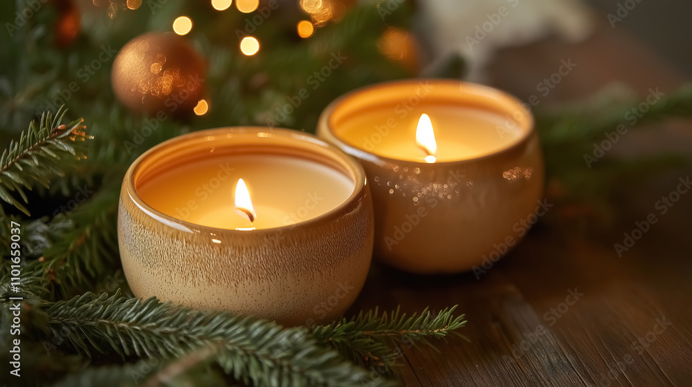 Two lit Christmas candles glowing warmly on a decorated table Two lit Christmas candles glowing warmly on a decorated table