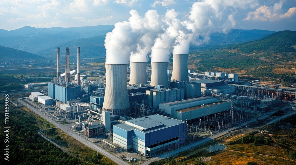 Industrial power plant from above with vibrant steam rising from cooling towers, creating a dynamic contrast between technology and nature Industrial power plant from above with vibrant steam rising from cooling towers, creating a dynamic contrast between technology and nature