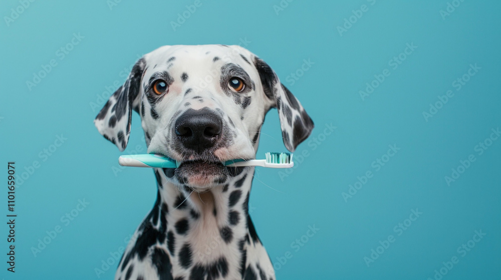 Pet dental care and hygiene. oral health for pets in a playful and engaging manner for advertisement, animal welfare. Dalmatian dog holding a toothbrush in its mouth on blue background. Pet dental care and hygiene. oral health for pets in a playful and engaging manner for advertisement, animal welfare. Dalmatian dog holding a toothbrush in its mouth on blue background.