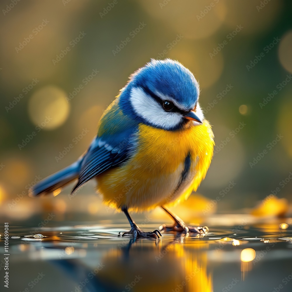 Fototapeta premium AI-generated blue tit portrait, mirror reflection, soft bokeh effect.