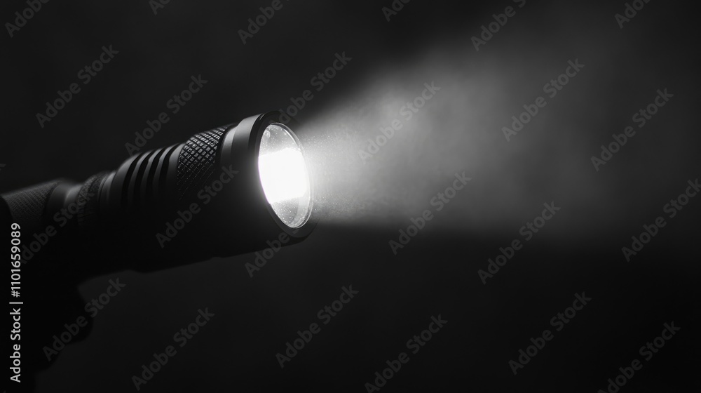 Black flashlight projecting a bright white beam of light into a dark background, highlighting its sleek, textured design and illuminated area. Black flashlight projecting a bright white beam of light into a dark background, highlighting its sleek, textured design and illuminated area.