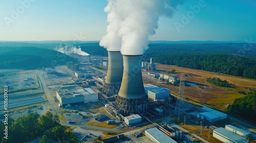 Wallpaper Mural Industrial power plant from above with vibrant steam rising from cooling towers, creating a dynamic contrast between technology and nature Torontodigital.ca