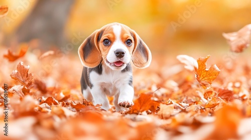 2409_077. A playful beagle puppy surrounded by fallen leaves, showcasing a scent chasing in a vibrant outdoor setting. This image captures the essence of adventure and happiness in nature