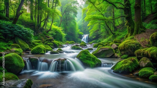 Majestic Mountain River Flowing Through Deep Green Forest - Long Exposure of Water Motion in Alaskan Wilderness with Stones and Waterfall