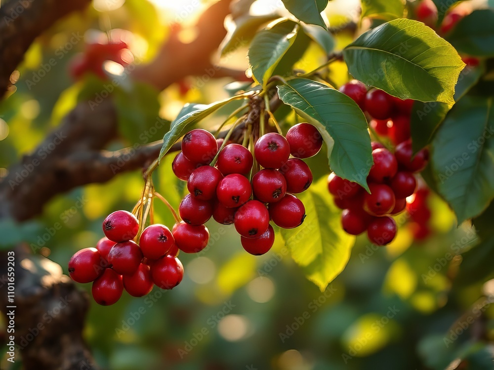 AI-crafted image: ripe coffee cherries on a Mexican plantation tree, full of life. AI-crafted image: ripe coffee cherries on a Mexican plantation tree, full of life.