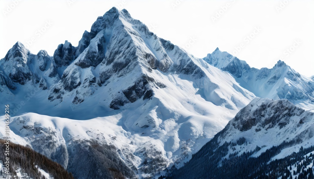 Majestic snow-covered mountain isolated on a pure white background, showcasing pristine natural beauty, sharp peaks, and tranquil wilderness, perfect for design projects or visual Majestic snow-covered mountain isolated on a pure white background, showcasing pristine natural beauty, sharp peaks, and tranquil wilderness, perfect for design projects or visual