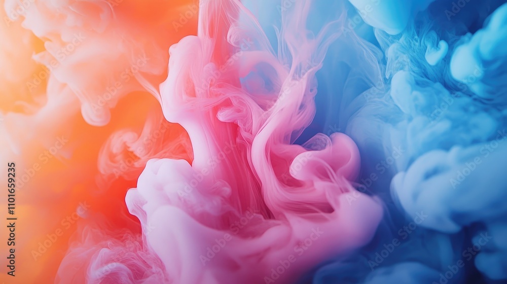 Fototapeta premium Vibrant abstract fluid art showcasing a mesmerizing blend of swirling pink, orange, and blue inks creating dynamic visuals and rich textures.