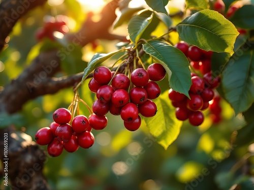 AI-crafted image: ripe coffee cherries on a Mexican plantation tree, full of life.