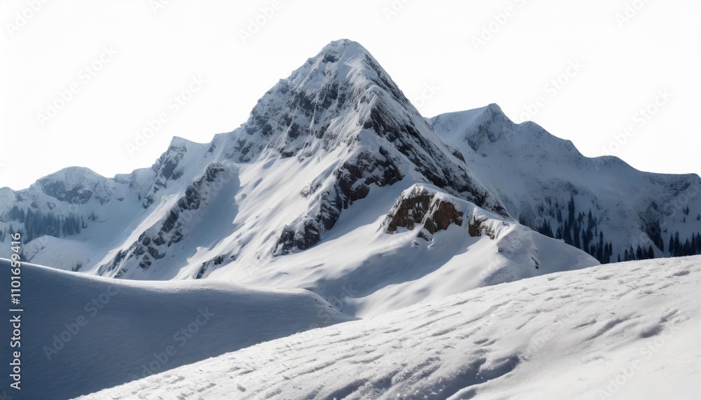 Breathtaking Snow-Capped Mountain Peak Isolated on a Pristine White Background, Showcasing Stunning Natural Beauty, Rugged Terrain, and Majestic Winter Scenery Ideal for Design Projects Breathtaking Snow-Capped Mountain Peak Isolated on a Pristine White Background, Showcasing Stunning Natural Beauty, Rugged Terrain, and Majestic Winter Scenery Ideal for Design Projects