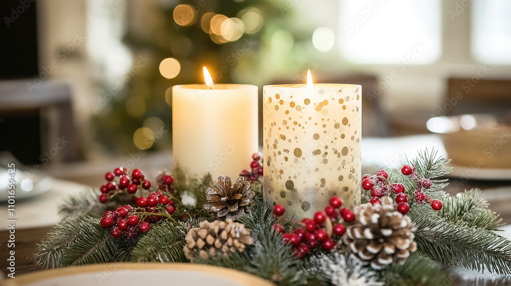 Two lit Christmas candles glowing warmly on a decorated table Two lit Christmas candles glowing warmly on a decorated table