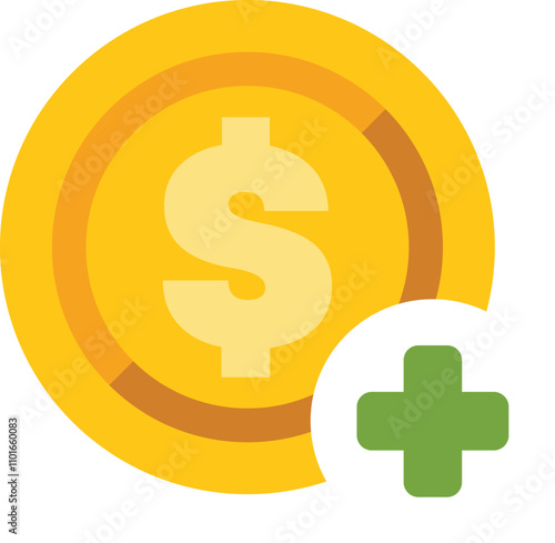 Gold coin with a dollar sign is getting a plus sign added, representing adding money to account