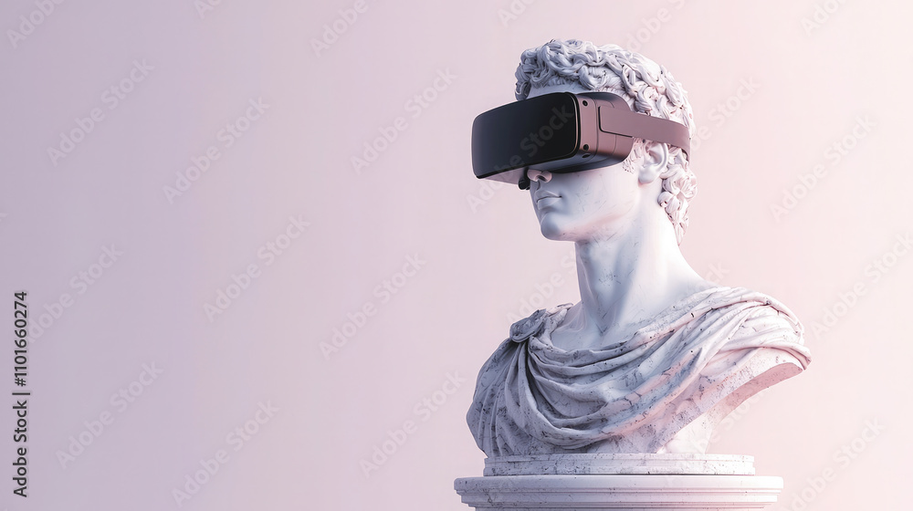 Classical sculpture of a man wearing a modern virtual reality headset. Classical sculpture of a man wearing a modern virtual reality headset.