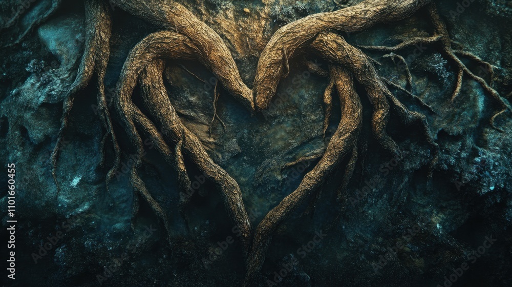 Digital art of intertwined roots forming the shape of a heart, portraying resilience and unity. Digital art of intertwined roots forming the shape of a heart, portraying resilience and unity.