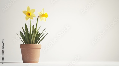 Wallpaper Mural Daffodil plant in a clay pot with vibrant yellow flowers and lush green leaves against a simple white background. Torontodigital.ca