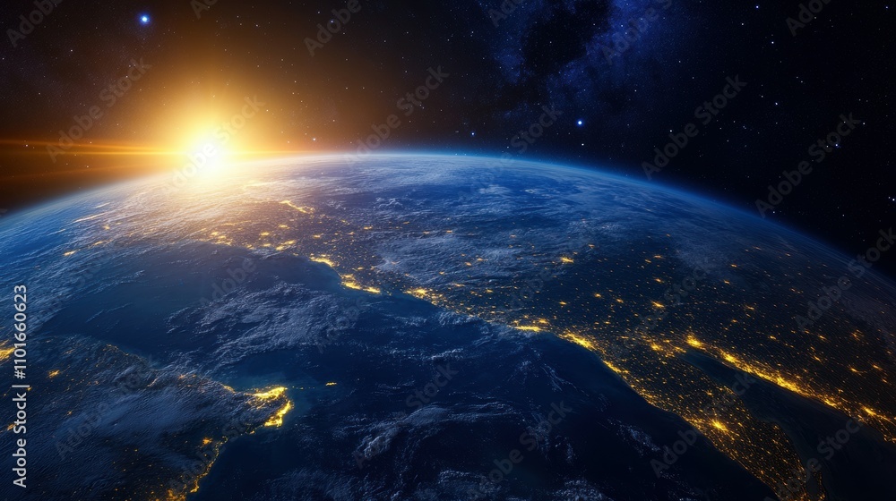 Global clean energy projects in motion a stunning view of earth at sunrise Global clean energy projects in motion a stunning view of earth at sunrise