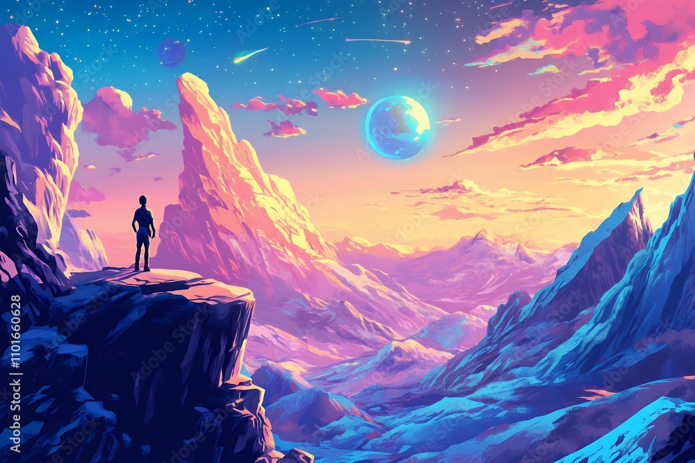 Fototapeta premium A surreal landscape featuring mountains, a distant planet, and a lone figure at sunset.
