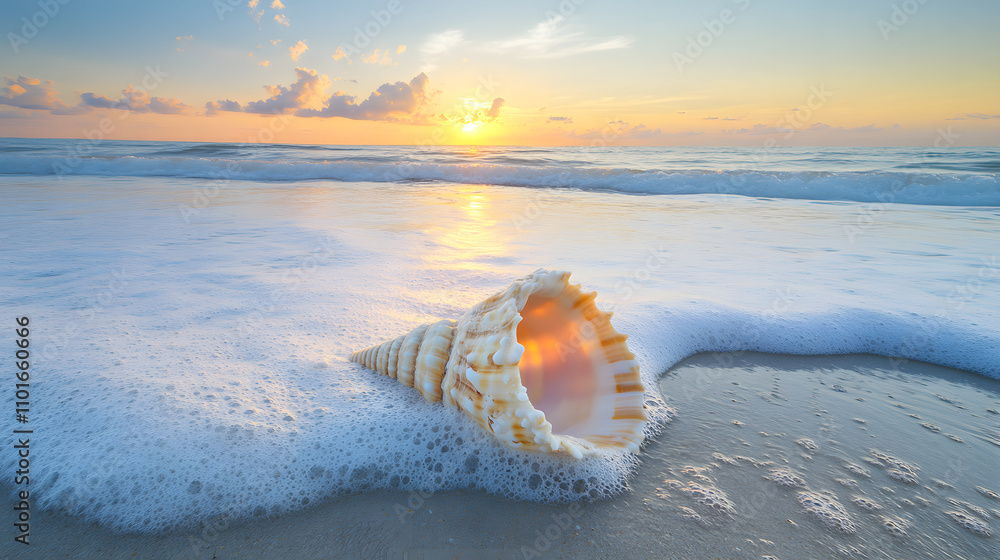 A seashell rests on a sandy beach as waves gently wash over it during a sunset. A seashell rests on a sandy beach as waves gently wash over it during a sunset.