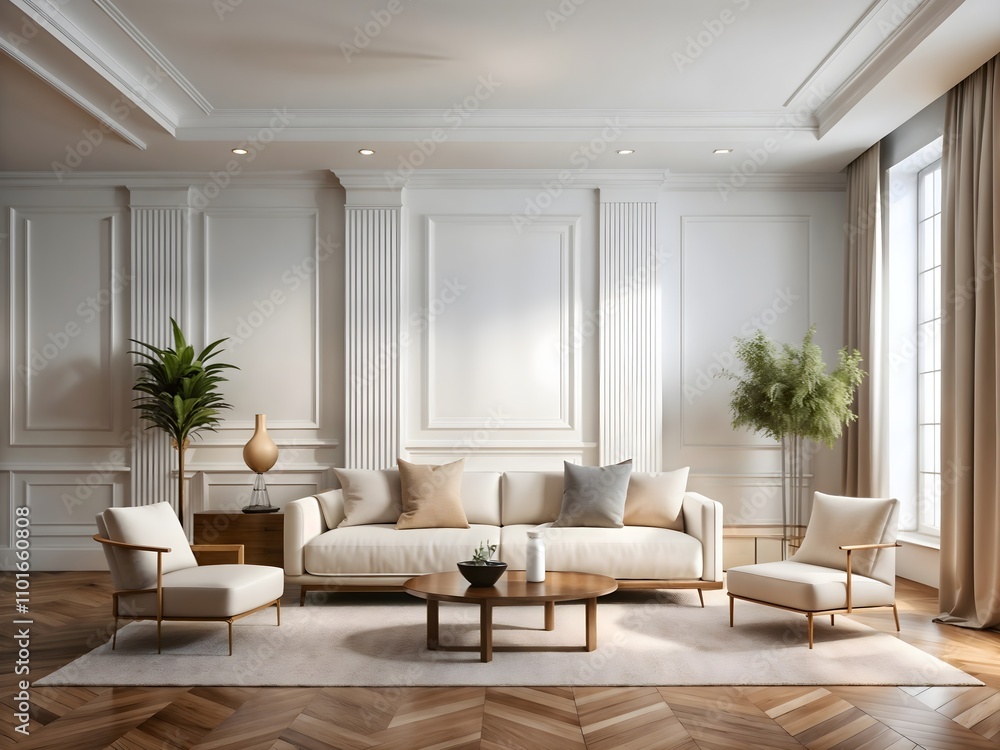 Modern living room with white walls, wooden floor, natural light, and minimal furniture, including a sofa and indoor plants Modern living room with white walls, wooden floor, natural light, and minimal furniture, including a sofa and indoor plants