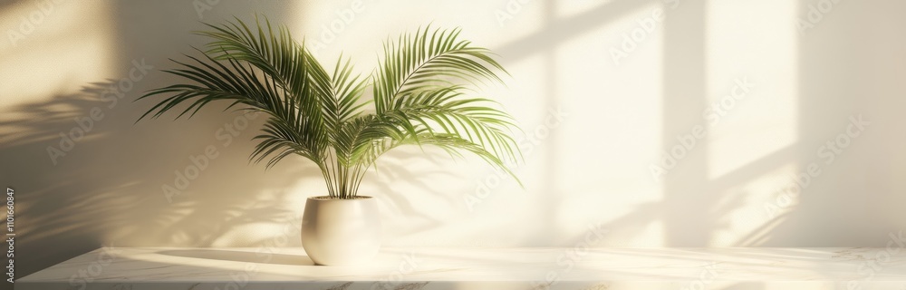 Minimalist podium with a marble surface and a palm plant Minimalist podium with a marble surface and a palm plant