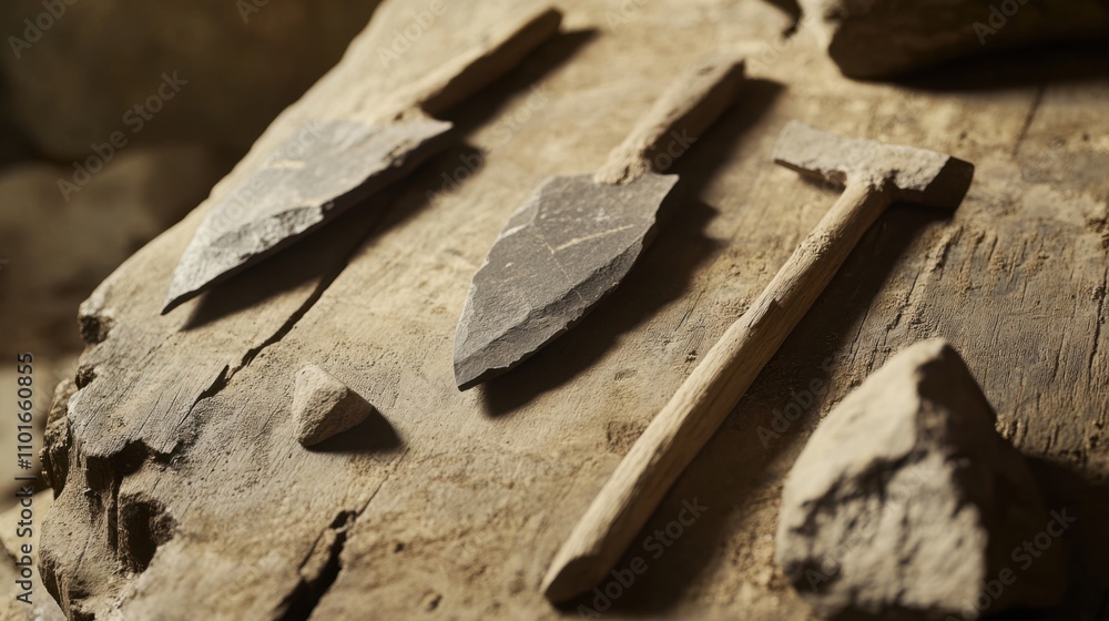 Close-up of ancient stone tools, sharp flint knives, and polished axes on a weathered wooden surface, symbolizing prehistoric craftsmanship and the dawn of human ingenuity Close-up of ancient stone tools, sharp flint knives, and polished axes on a weathered wooden surface, symbolizing prehistoric craftsmanship and the dawn of human ingenuity