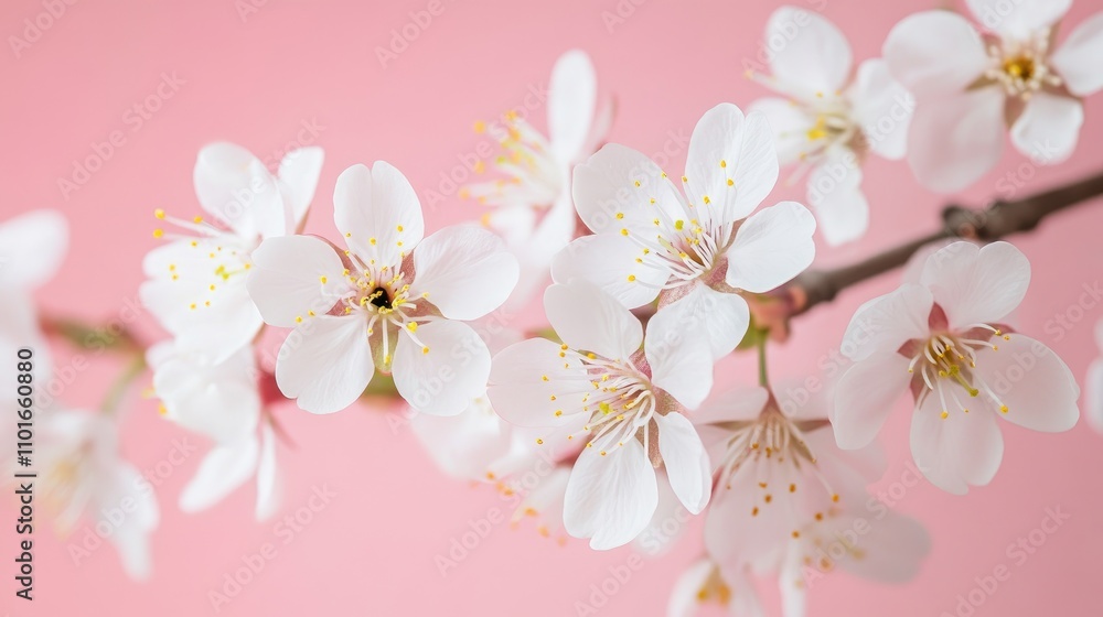 Delicate cherry blossoms elegantly arranged against a soft pink backdrop, creating an inviting space for artistic designs and creative projects. Delicate cherry blossoms elegantly arranged against a soft pink backdrop, creating an inviting space for artistic designs and creative projects.