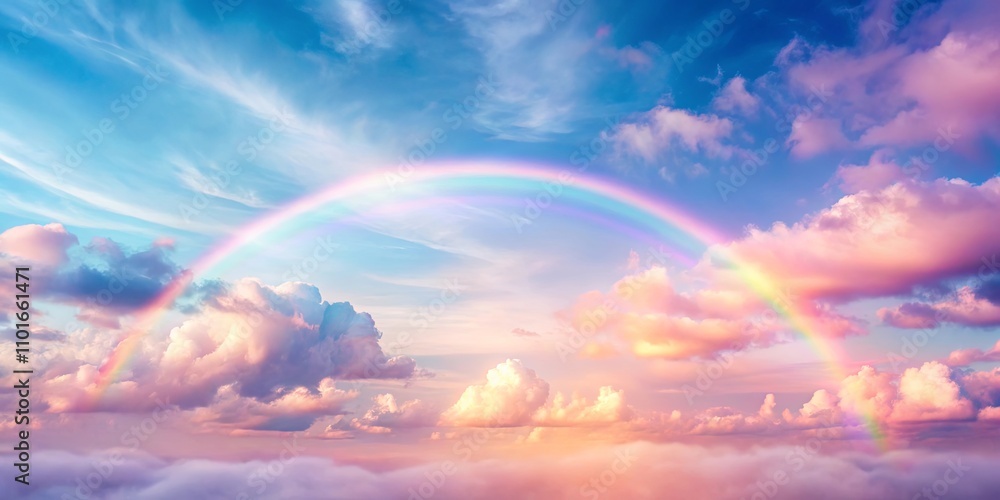 Pastel Sky with a Vibrant Rainbow Arcing Over Soft Clouds at Sunset Pastel Sky with a Vibrant Rainbow Arcing Over Soft Clouds at Sunset