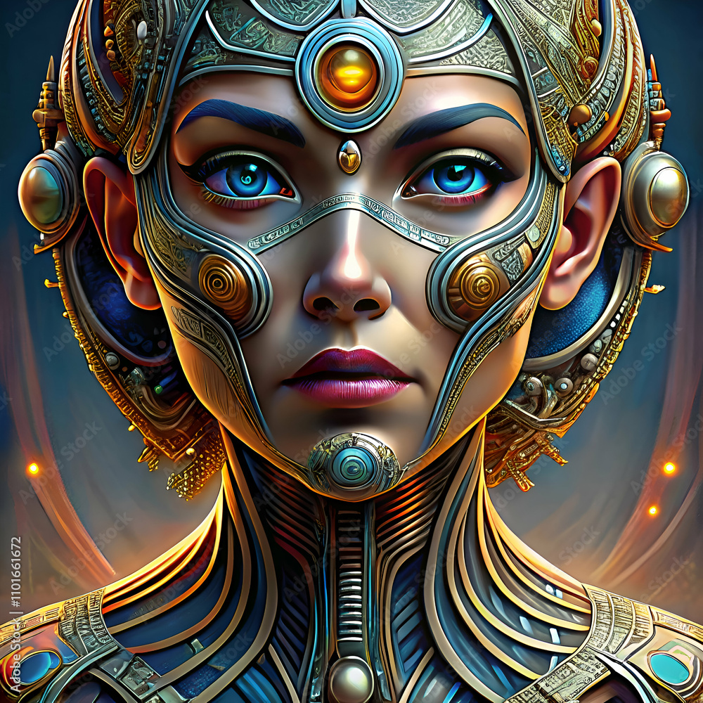 Naklejka premium A futuristic woman with ornate golden and blue armor stares directly at the viewer.