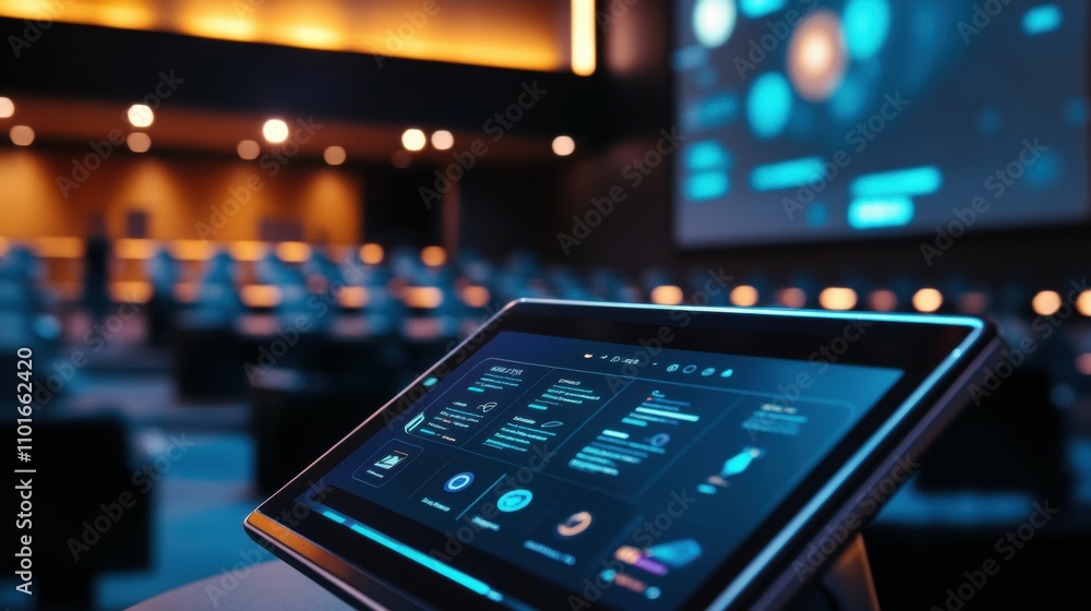 Interactive podium with tablet showcasing innovative solutions conference hall technology display modern environment close-up view engagement concept Interactive podium with tablet showcasing innovative solutions conference hall technology display modern environment close-up view engagement concept