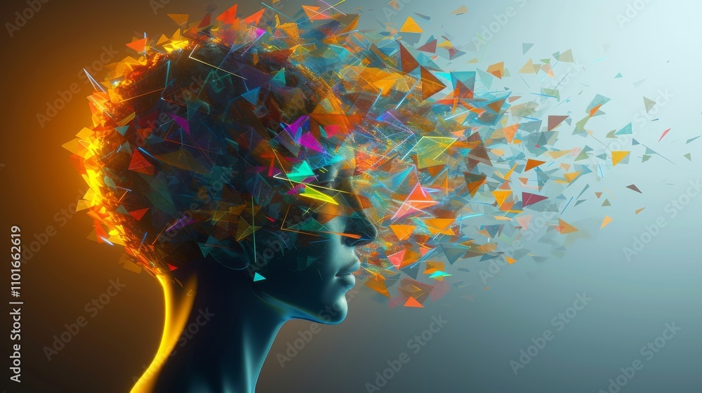 © Zhanna - A futuristic digital artwork showcasing a human silhouette with vibrant, fragmented geometric shapes emanating from the head, symbolizing artificial intelligence, creativity, and data. © Zhanna - A futuristic digital artwork showcasing a human silhouette with vibrant, fragmented geometric shapes emanating from the head, symbolizing artificial intelligence, creativity, and data.