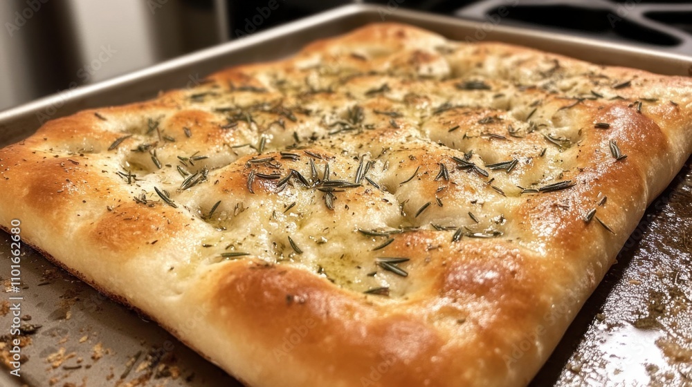 Freshly baked focaccia bread topped with rosemary and olive oil. Freshly baked focaccia bread topped with rosemary and olive oil.