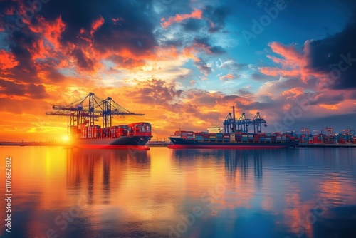 usy container port sunset cranes photo