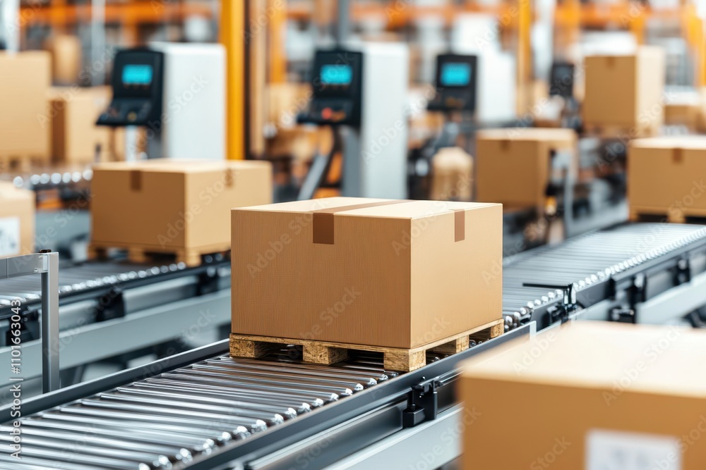 High-speed conveyors moving products into automated packing machines, clean and efficient workflow, photo-realistic, optimized warehouse operations High-speed conveyors moving products into automated packing machines, clean and efficient workflow, photo-realistic, optimized warehouse operations