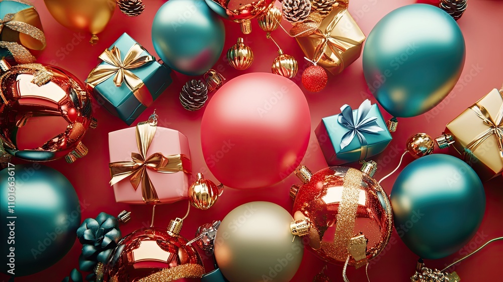 Christmas balloons party decorations, Collection of Christmas, 3D render, Triadic color scheme