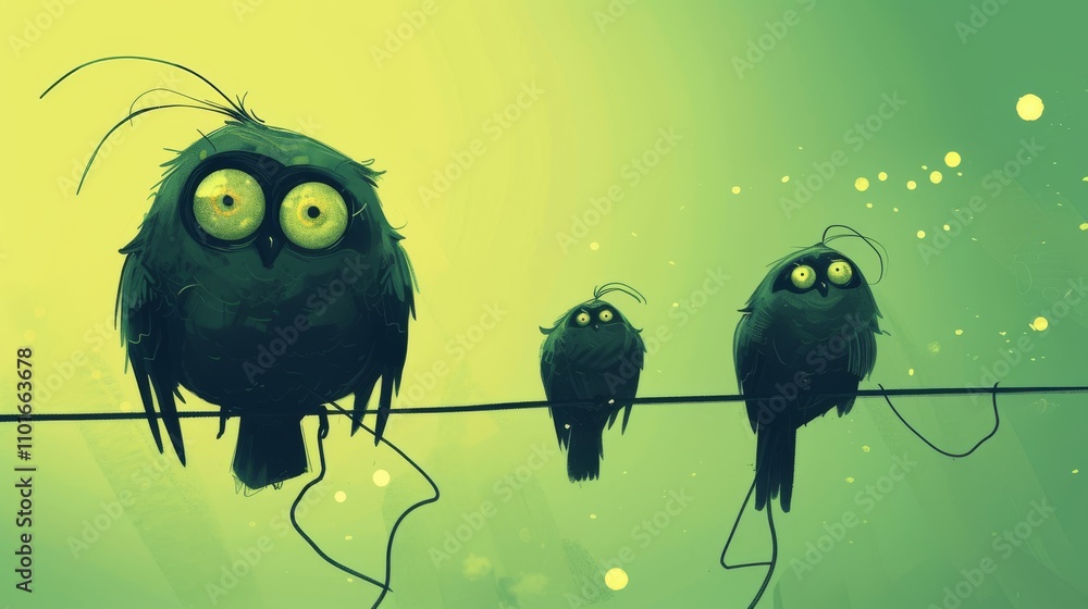 A fun and whimsical digital illustration of four quirky owls with large eyes, perched on a wire. The soft green and yellow background enhances the playful mood, making it an ideal choice for humorous