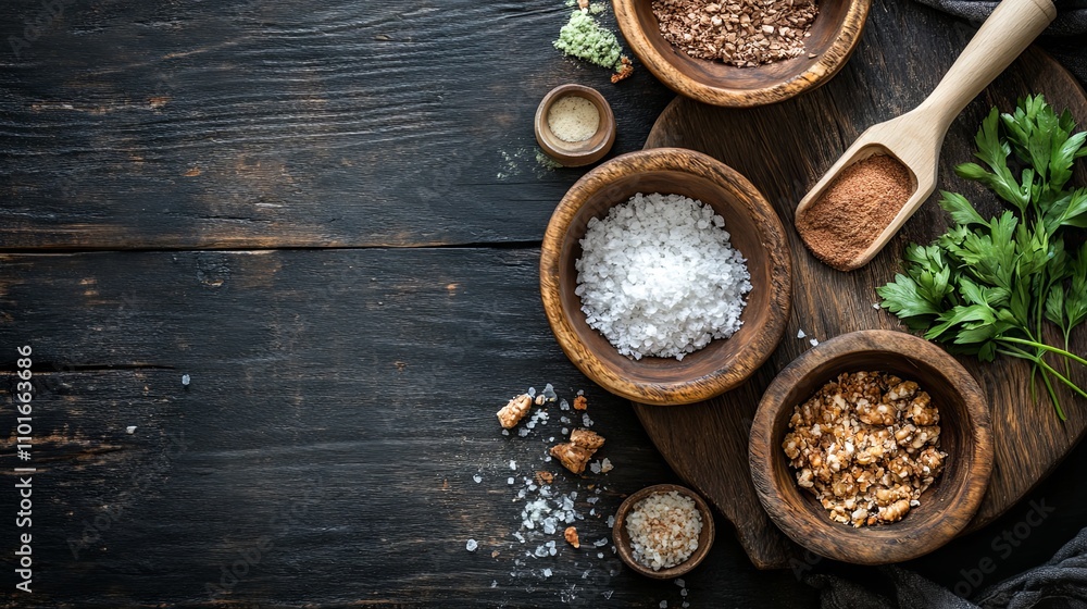 Gourmet Spices and Herbs on Rustic Wooden Surface Gourmet Spices and Herbs on Rustic Wooden Surface