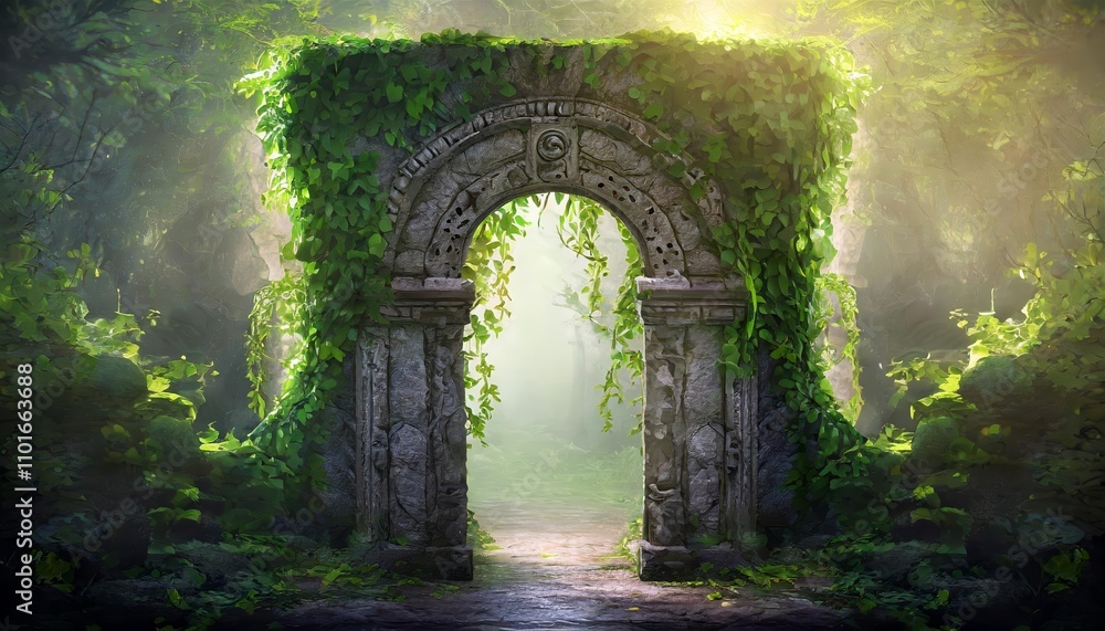 Enchanting fantasy scene featuring a mystical portal archway entwined with lush creepers, set within a vibrant, otherworldly landscape that exudes magic, mystery, and allure. Enchanting fantasy scene featuring a mystical portal archway entwined with lush creepers, set within a vibrant, otherworldly landscape that exudes magic, mystery, and allure.