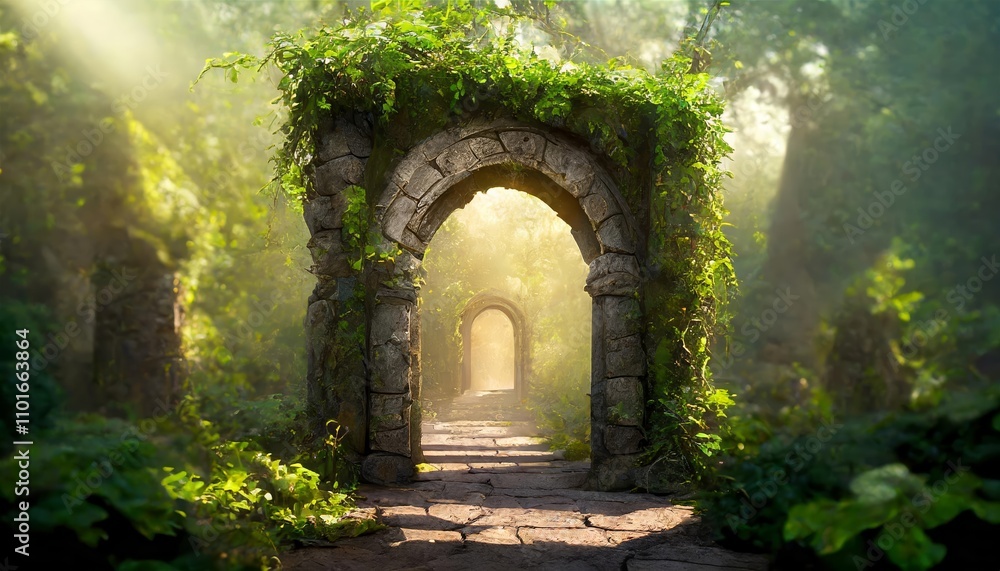 Enchanting Fantasy Scene Featuring a Mystical Portal Archway Draped in Vibrant Creepers Leading to a Magical World of Adventure and Mystery Under a Dreamlike, Ethereal Sky Enchanting Fantasy Scene Featuring a Mystical Portal Archway Draped in Vibrant Creepers Leading to a Magical World of Adventure and Mystery Under a Dreamlike, Ethereal Sky